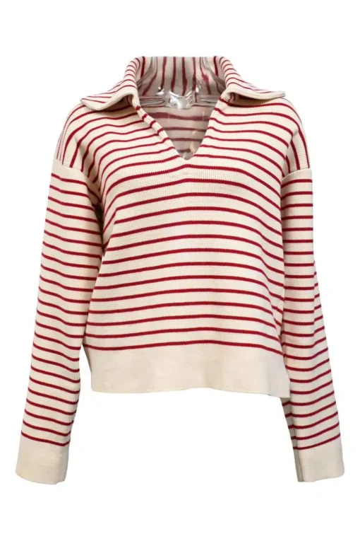 Two-tone striped cotton-blend knit open-collar Marinière pullover sweater