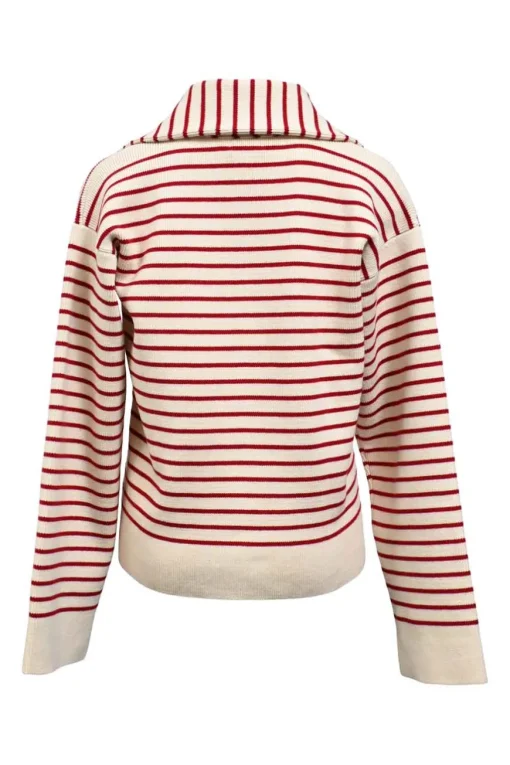 Two-tone striped cotton-blend knit open-collar Marinière pullover sweater