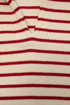 Two-tone striped cotton-blend knit open-collar Marinière pullover sweater