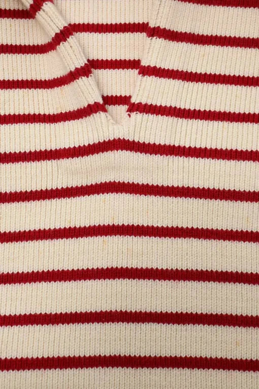 Two-tone striped cotton-blend knit open-collar Marinière pullover sweater