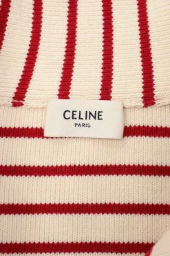 Two-tone striped cotton-blend knit open-collar Marinière pullover sweater
