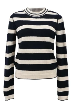 Two-tone striped wool-blend waffle knit mock neck long sleeve sweater with gold-tone metal button detailing