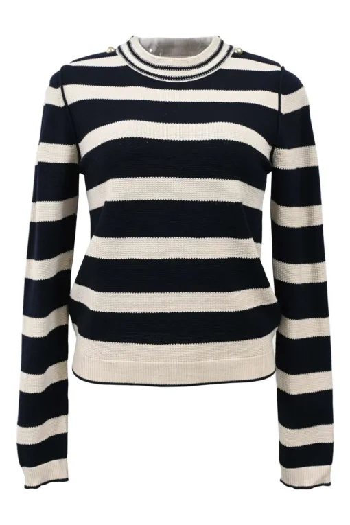 Two-tone striped wool-blend waffle knit mock neck long sleeve sweater with gold-tone metal button detailing