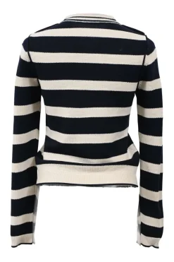 Two-tone striped wool-blend waffle knit mock neck long sleeve sweater with gold-tone metal button detailing