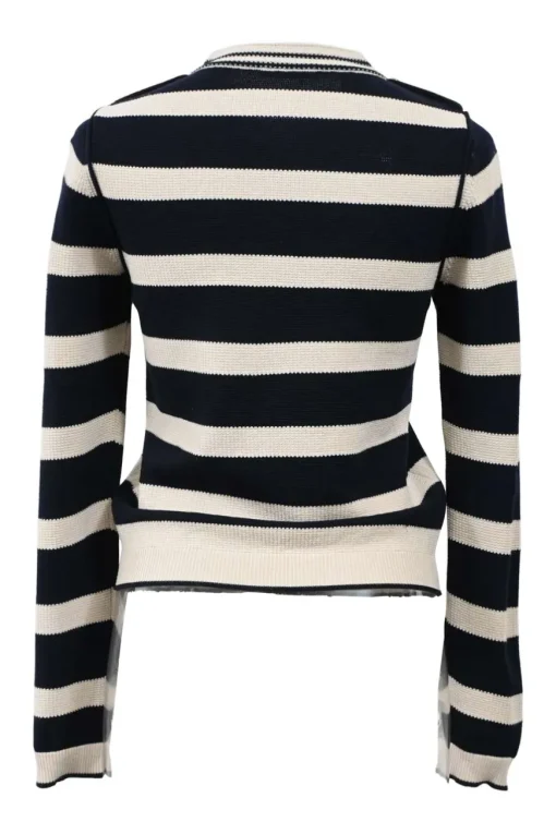 Two-tone striped wool-blend waffle knit mock neck long sleeve sweater with gold-tone metal button detailing