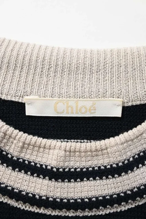 Two-tone striped wool-blend waffle knit mock neck long sleeve sweater with gold-tone metal button detailing