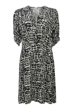 Two-tone viscose abstract print plunge neck wrap-effect half-sleeve A-line knee-length dress