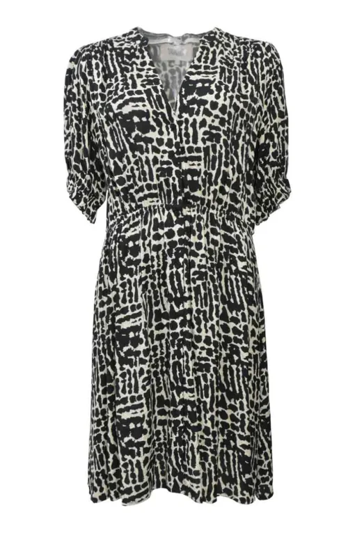 Two-tone viscose abstract print plunge neck wrap-effect half-sleeve A-line knee-length dress