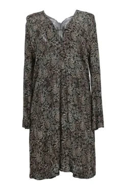 Two-tone viscose abstract floral print wrap-effect keyhole-front trumpet sleeve empire-waist shift dress