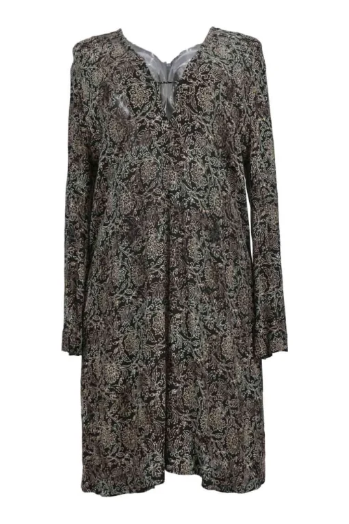 Two-tone viscose abstract floral print wrap-effect keyhole-front trumpet sleeve empire-waist shift dress
