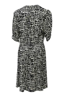 Two-tone viscose abstract print plunge neck wrap-effect half-sleeve A-line knee-length dress