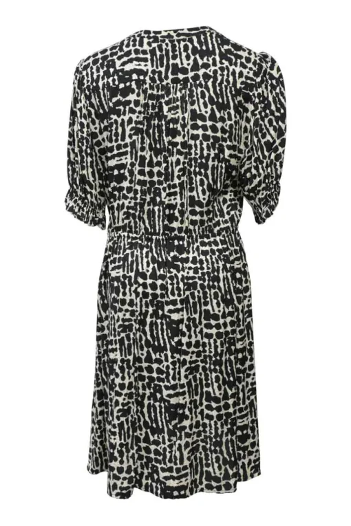 Two-tone viscose abstract print plunge neck wrap-effect half-sleeve A-line knee-length dress