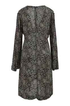 Two-tone viscose abstract floral print wrap-effect keyhole-front trumpet sleeve empire-waist shift dress