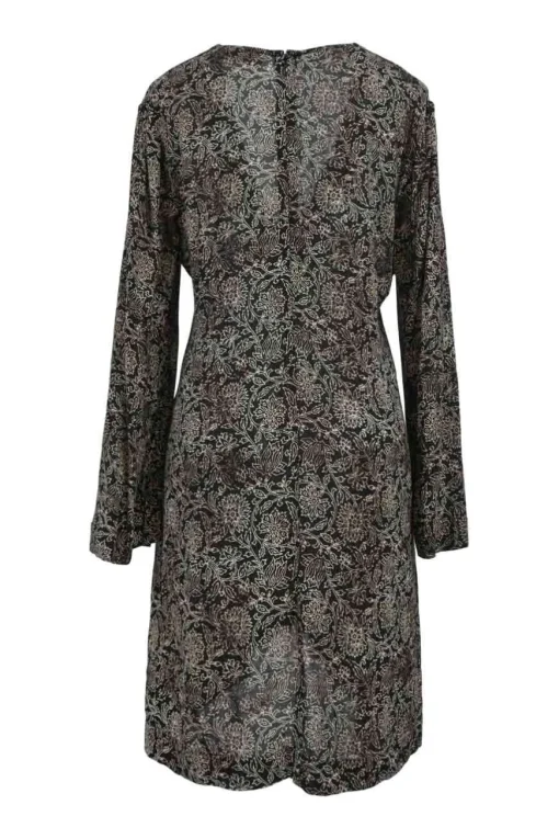 Two-tone viscose abstract floral print wrap-effect keyhole-front trumpet sleeve empire-waist shift dress