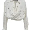 Two-tone viscose-blend clip jacquard ' La Chemise Siena' twist-detail spread collar tie-neck cropped blouse