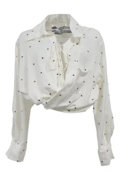 Two-tone viscose-blend clip jacquard ' La Chemise Siena' twist-detail spread collar tie-neck cropped blouse