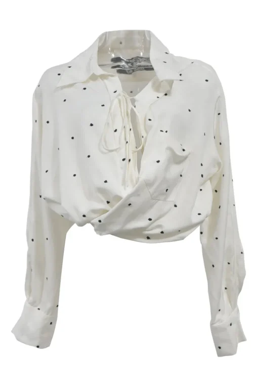 Two-tone viscose-blend clip jacquard ' La Chemise Siena' twist-detail spread collar tie-neck cropped blouse