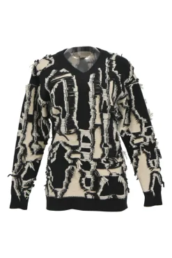 Two-tone wool experimental V-neck intarsia sweater