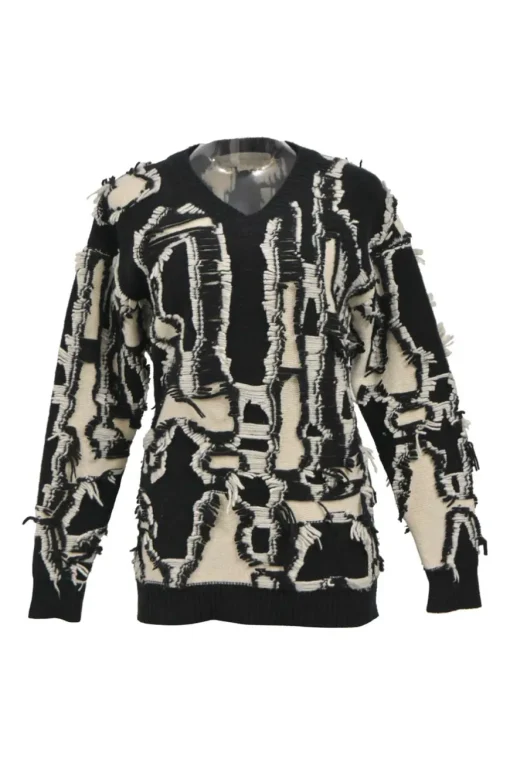 Two-tone wool experimental V-neck intarsia sweater