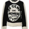 Two-tone wool-cashmere blend slogan intarsia crewneck pullover sweater featuring 'Je Tiens Une Promesse Et Vous?' motif