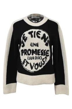Two-tone wool-cashmere blend slogan intarsia crewneck pullover sweater featuring 'Je Tiens Une Promesse Et Vous?' motif