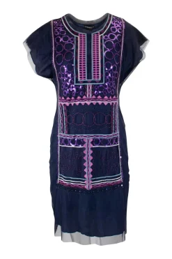 Vivienne Tam shift dress in purple tulle with embroidery, sequins and beads, back and front