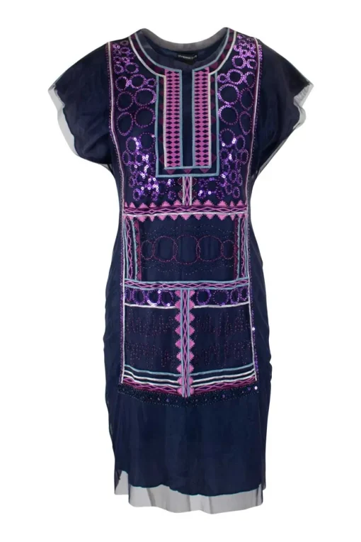 Vivienne Tam shift dress in purple tulle with embroidery, sequins and beads, back and front