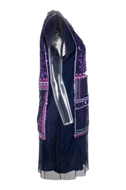 Vivienne Tam shift dress in purple tulle with embroidery, sequins and beads, back and front