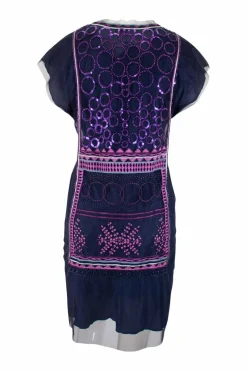 Vivienne Tam shift dress in purple tulle with embroidery, sequins and beads, back and front