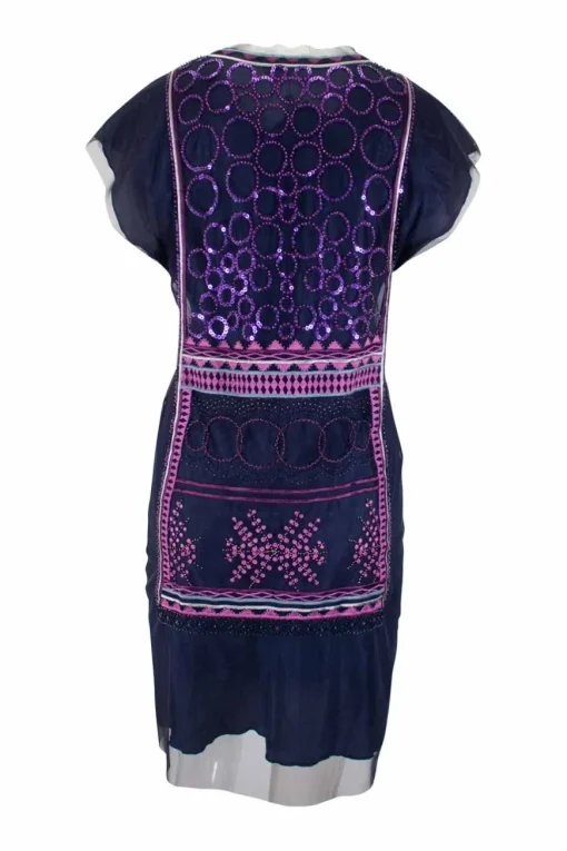 Vivienne Tam shift dress in purple tulle with embroidery, sequins and beads, back and front