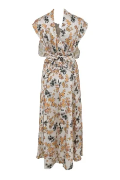 VVB yellow draped polyester ditsy floral print cap sleeve tie-waist blouson tea dress with portrait back