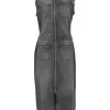 Washed black cotton denim zip-up sleeveless utility sheath dress with point collar and button vent