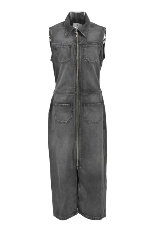 Washed black cotton denim zip-up sleeveless utility sheath dress with point collar and button vent