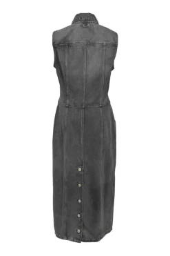Washed black cotton denim zip-up sleeveless utility sheath dress with point collar and button vent