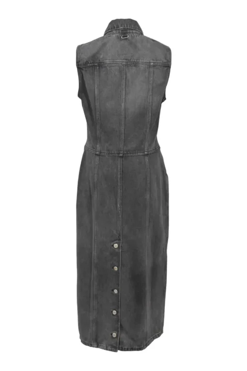 Washed black cotton denim zip-up sleeveless utility sheath dress with point collar and button vent