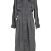 Washed black Lyocell twill Tomie spread collar utility shirt dress with tuck-pleat waist