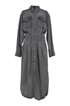Washed black Lyocell twill Tomie spread collar utility shirt dress with tuck-pleat waist
