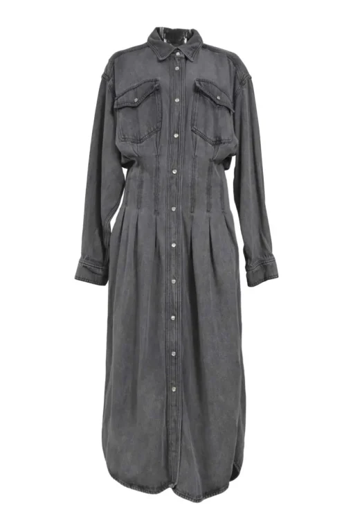 Washed black Lyocell twill Tomie spread collar utility shirt dress with tuck-pleat waist