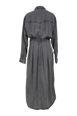 Washed black Lyocell twill Tomie spread collar utility shirt dress with tuck-pleat waist