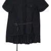 Washed black paneled cotton short sleeve belted top with chest cargo pocket