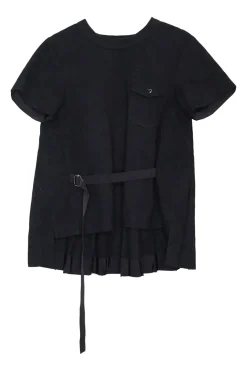 Washed black paneled cotton short sleeve belted top with chest cargo pocket