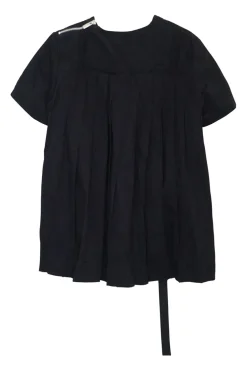Washed black paneled cotton short sleeve belted top with chest cargo pocket