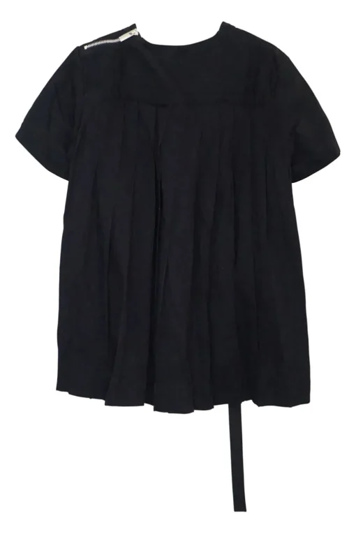 Washed black paneled cotton short sleeve belted top with chest cargo pocket