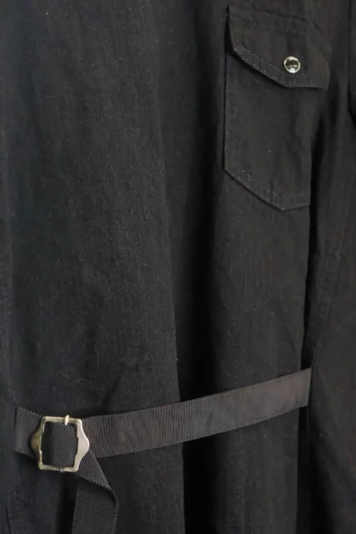 Washed black paneled cotton short sleeve belted top with chest cargo pocket