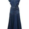 Washed indigo cotton denim flutter sleeve drop-waist godet midi dress
