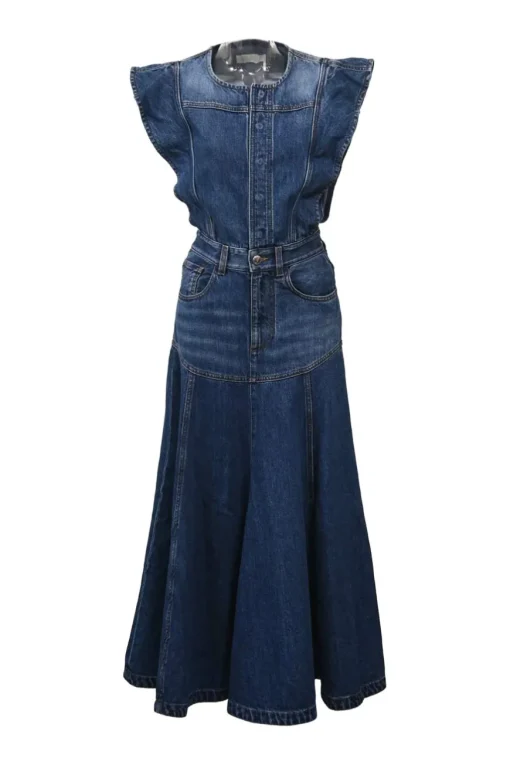 Washed indigo cotton denim flutter sleeve drop-waist godet midi dress