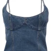 Washed indigo cotton denim bustier crop top with fixed spaghetti straps