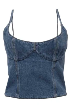 Washed indigo cotton denim bustier crop top with fixed spaghetti straps