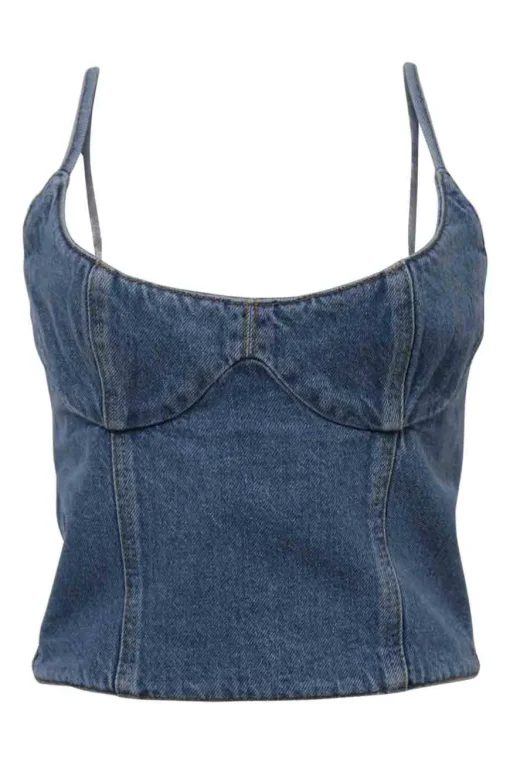 Washed indigo cotton denim bustier crop top with fixed spaghetti straps