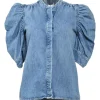 Washed indigo cotton denim ruched sleeve band collar blouse with concealed front fastening